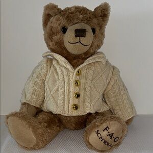 FAO Schwarz Plush Bear Button Cream Knit Leather Patch Sweater Medium Size Teddy